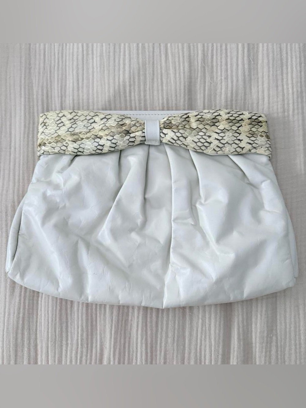 Vintage White Pleated Clutch with Snake-Print Trim